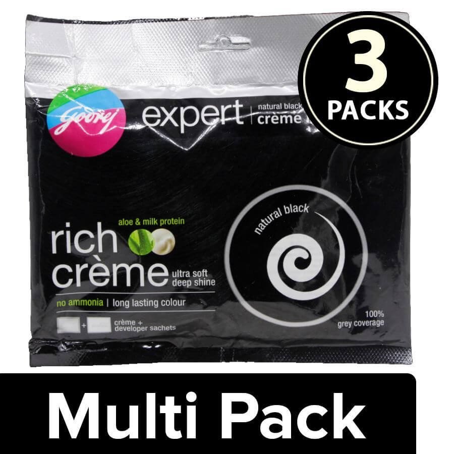 Godrej Rich Creme Hair Colour - Natural Black No.1, 3x(20 gm + 20 ml) (Multipack)